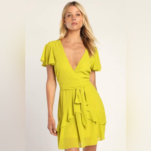 NWT Lulus Sweet Like You Lime Green Ruffled Mini Dress Size Large - Picture 2 of 13